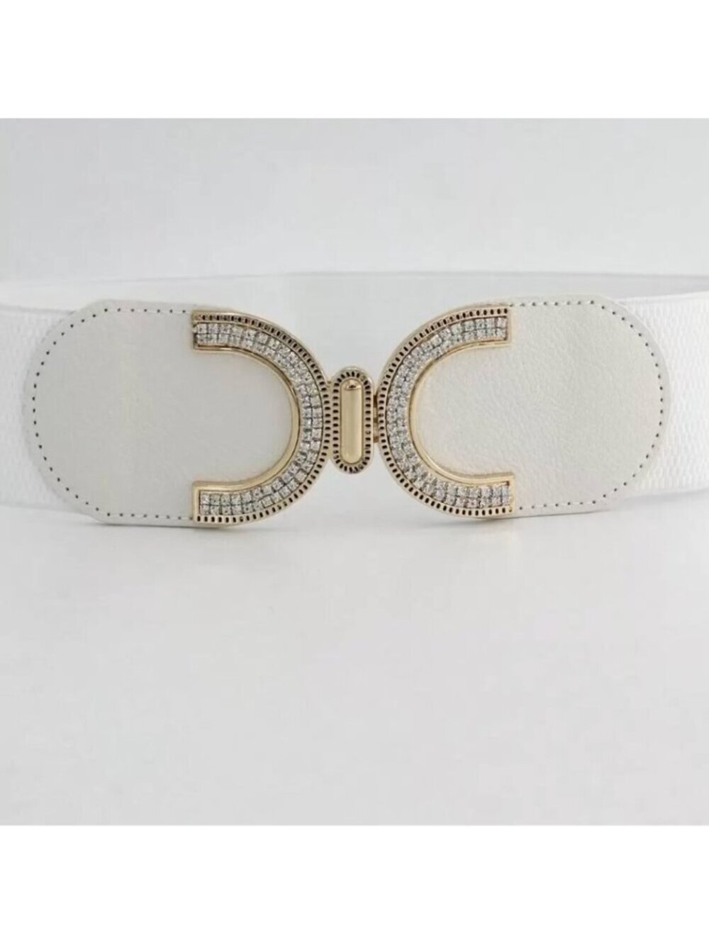 Rhinestone Buckle With Elastic Waist Belt White